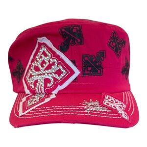 Hot pink  Rhinestone Cross Distressed Y2K Military Cap